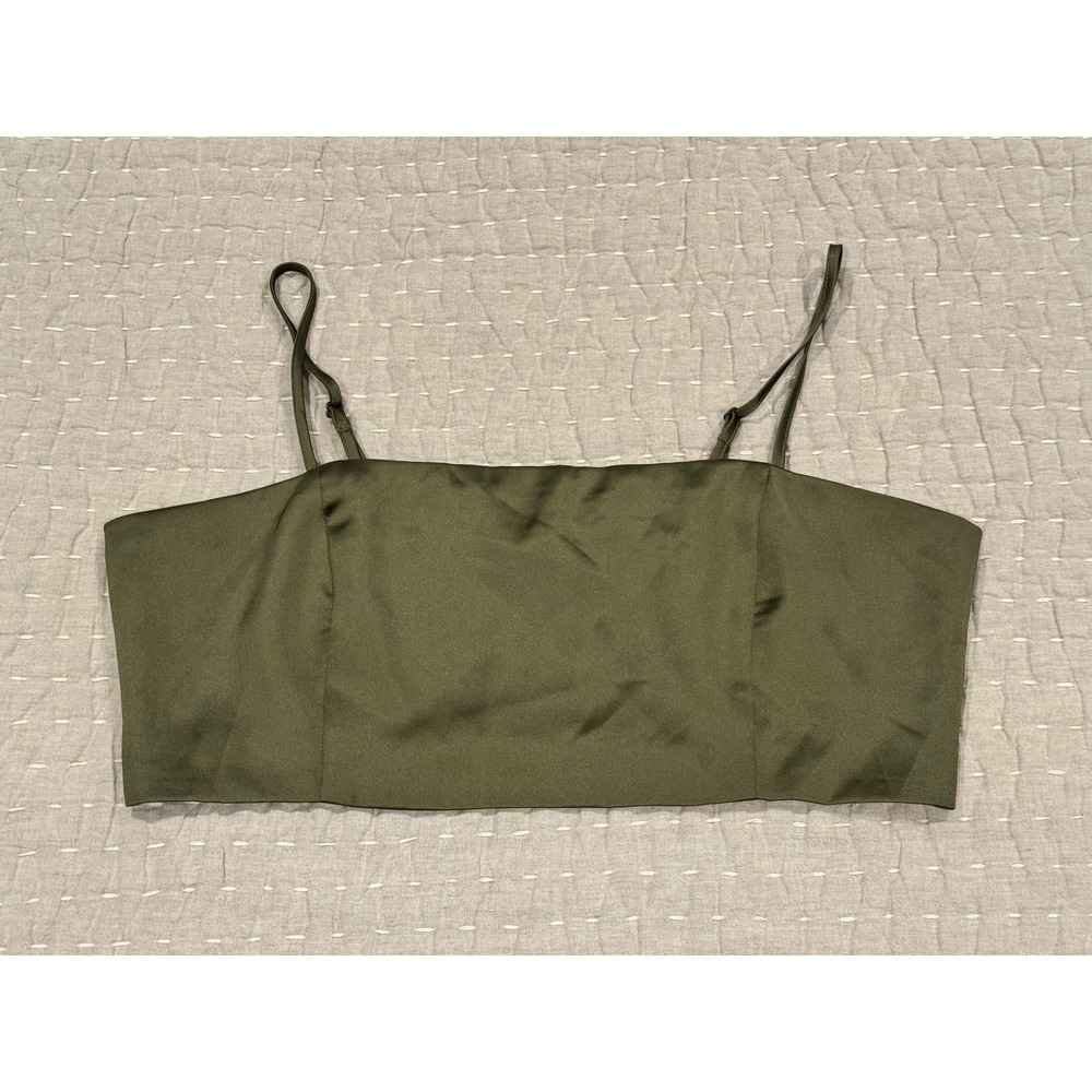 House of Harlow Satin Bandeau Crop Top Large Olive Green Smocked Spaghetti Strap